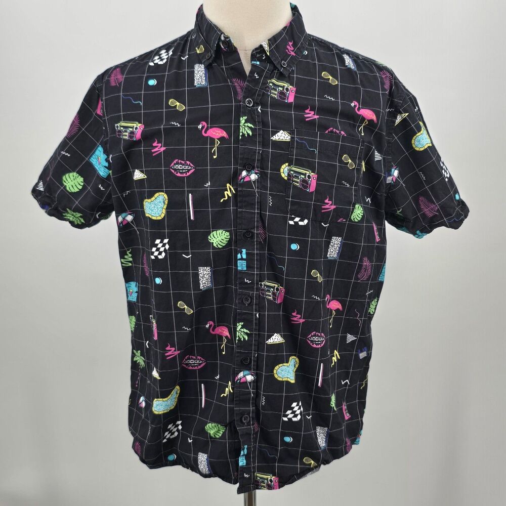 Massive Button Down Short Sleeve Shirt Men's Large Black 80's Retro Boom Box - Picture 2 of 7